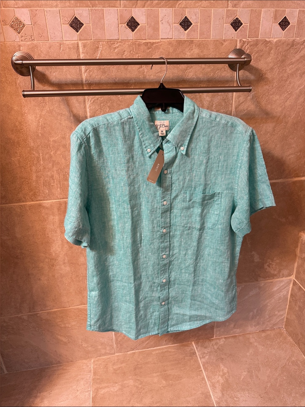 J. Crew Men’s Greene Short-Sleeve Irish Linen Button-Down Shirt in Aqua Size M